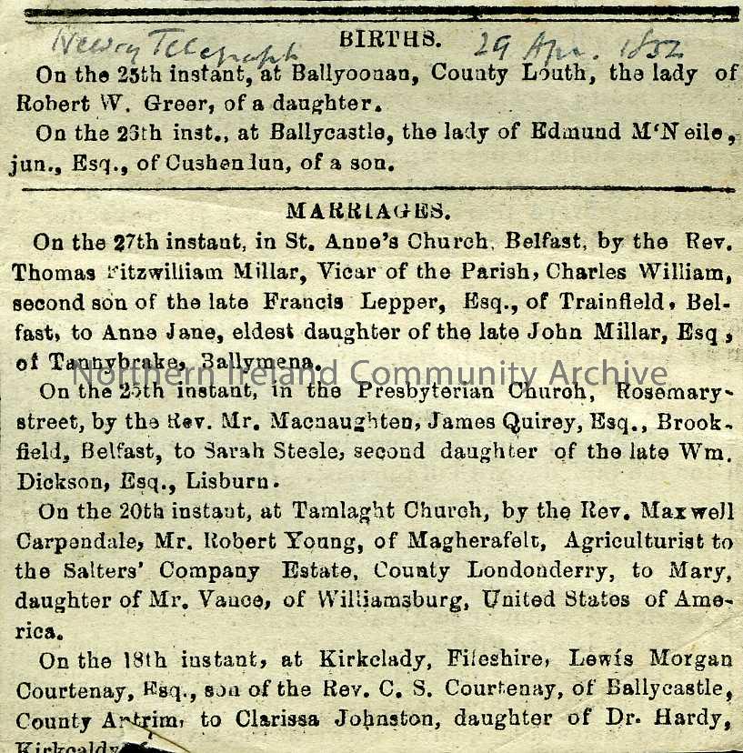 newspaper cutting detailing Births and Marriages (5733)