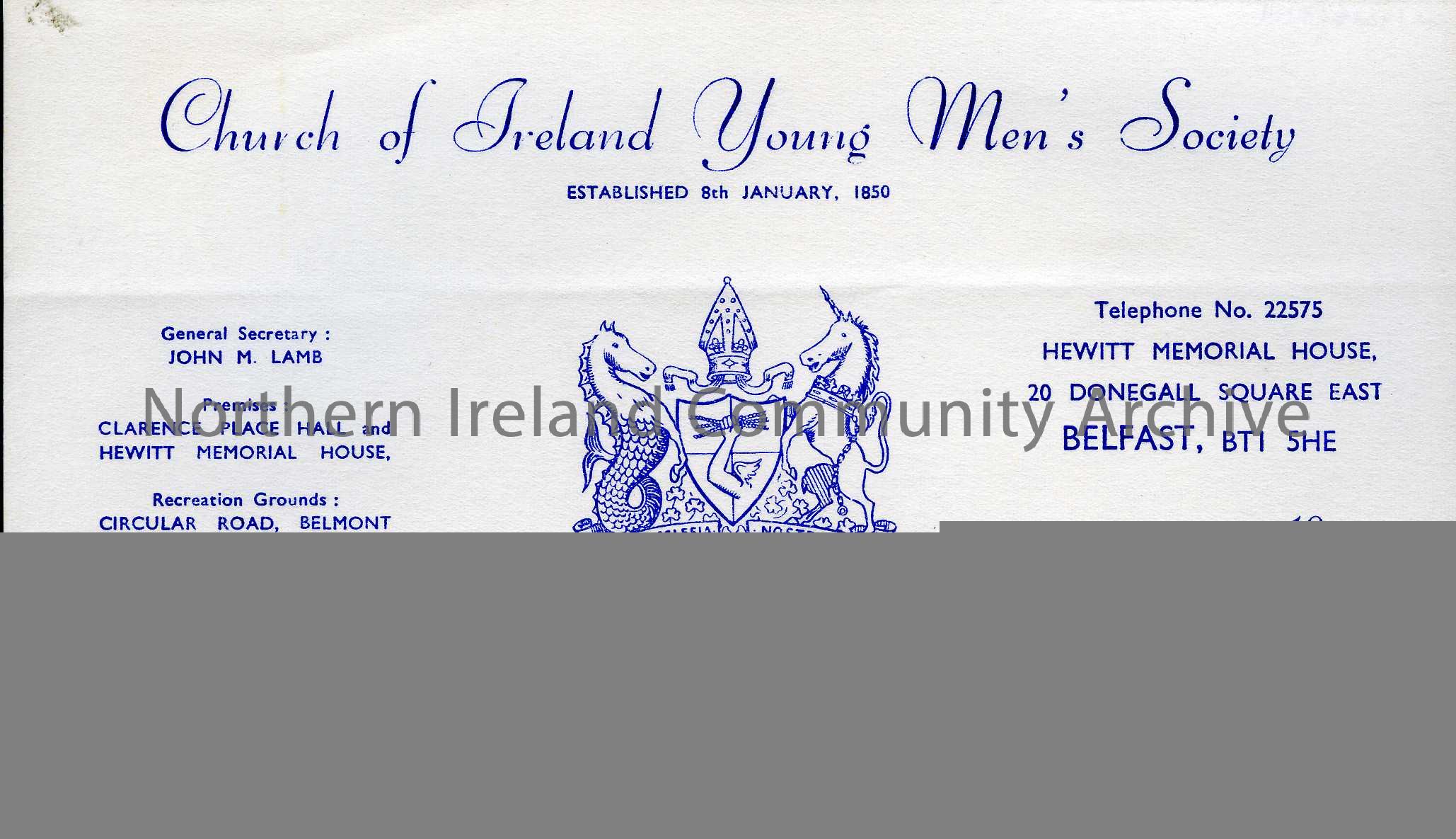 headed letter paper titled, Church of Ireland Young Men’s Society (6712)