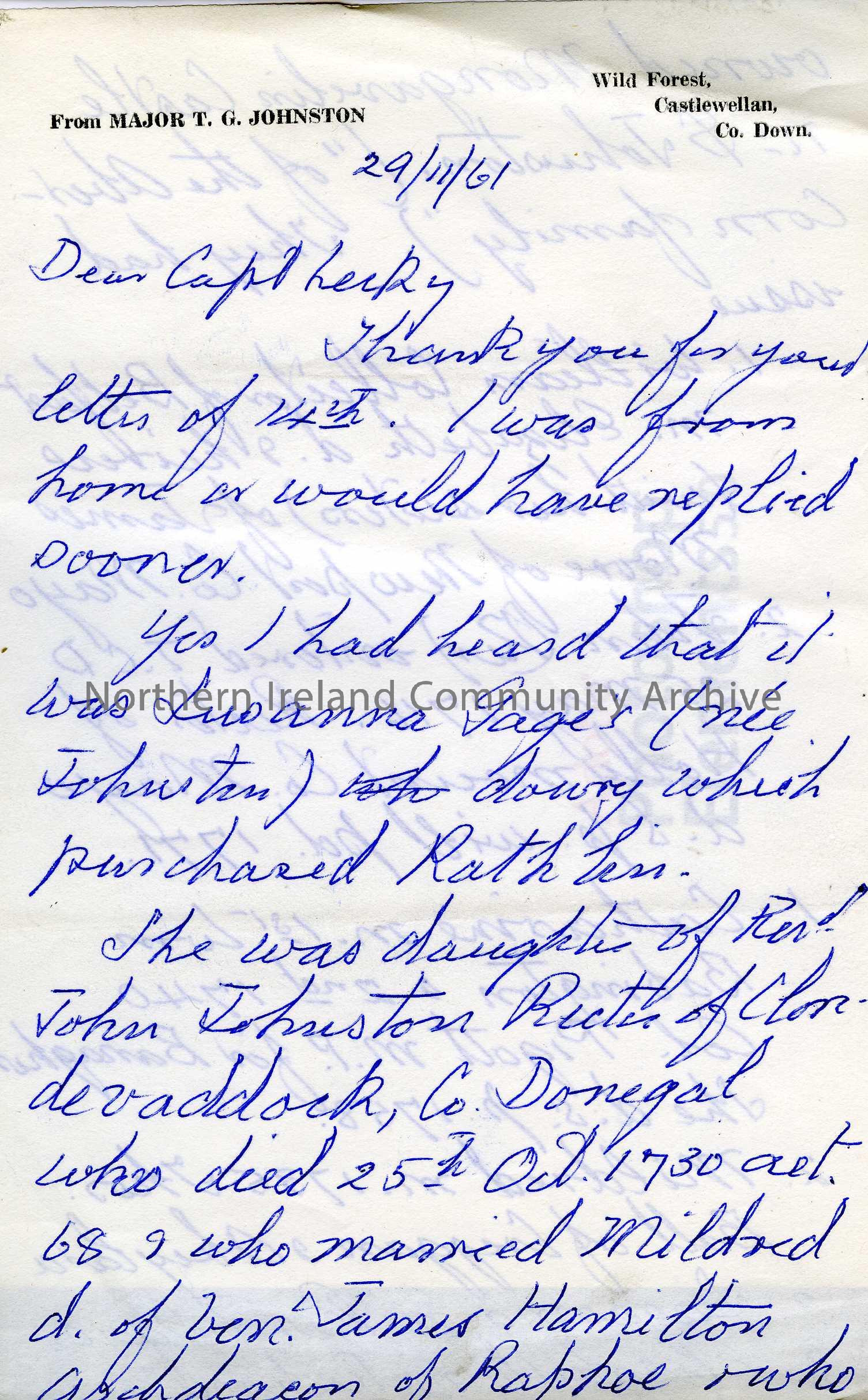 four page letter addressed to Captain Lecky on the 29/11/196 from Major T.G.Johnston (3674)