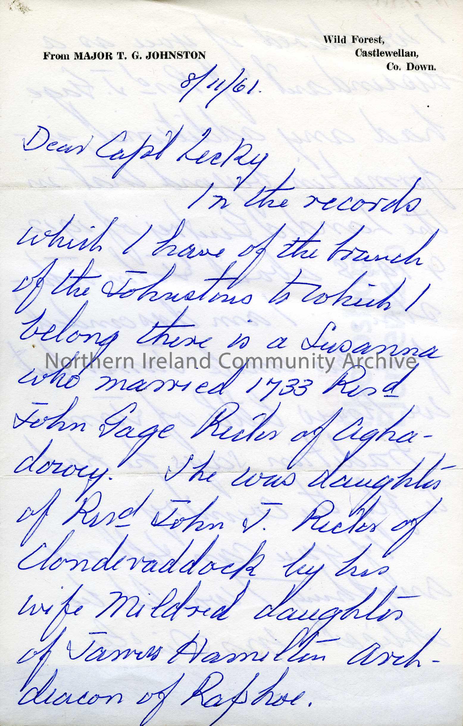 letter to Captain Lecky from Major T.G.Johnston dated 8/11/1961 (3956)