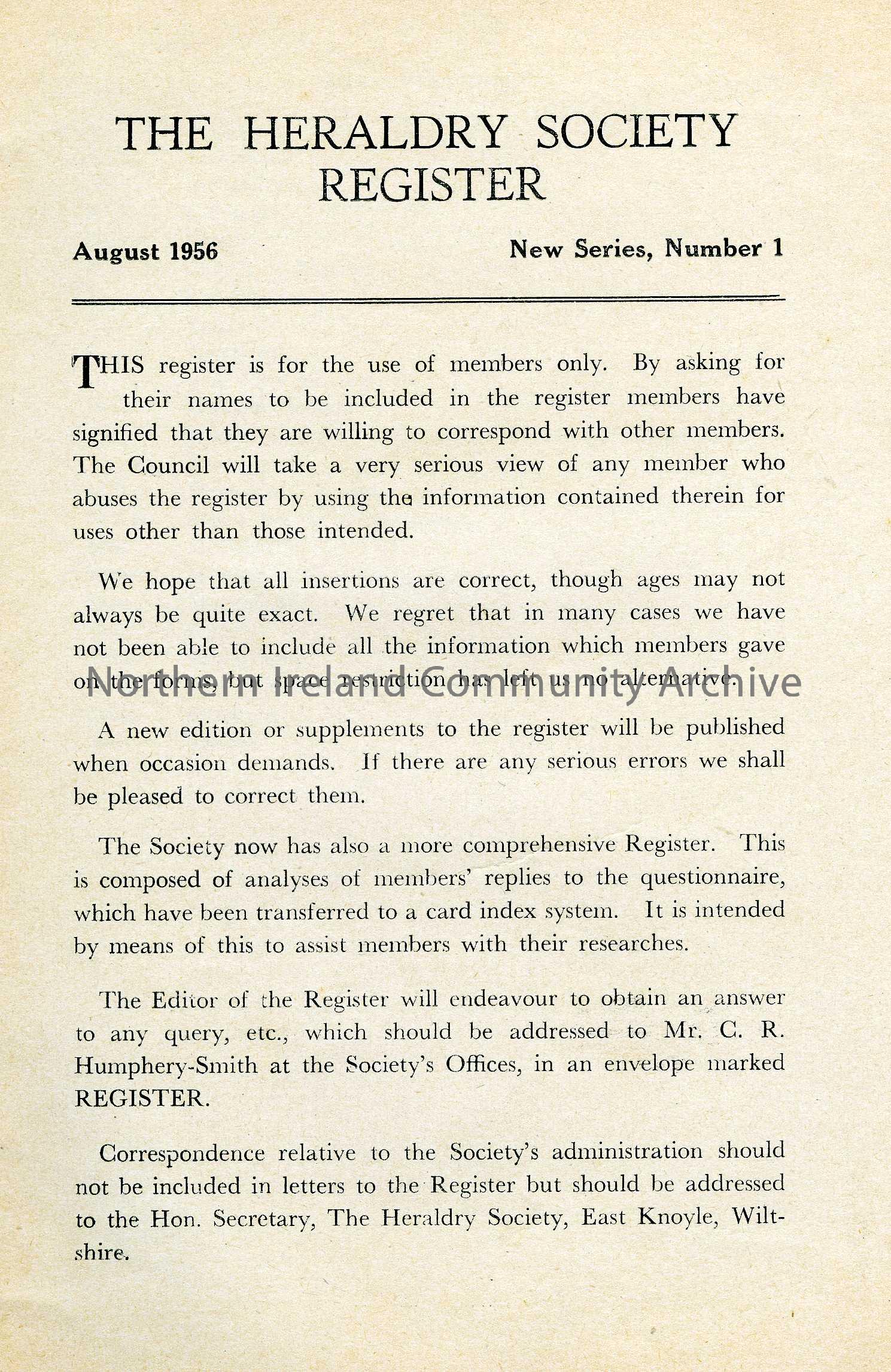 leaflet titled, The Heraldry Society Register (6510)
