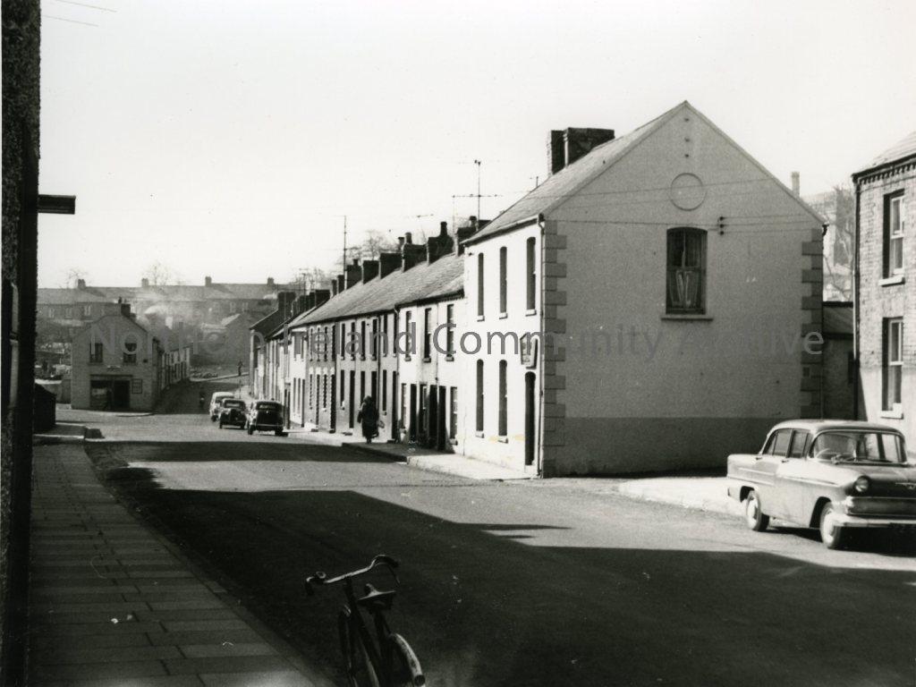 Black and white photograph of Elim Hall and adjoining houses, Killowen Street, Coleraine, 1957 (2899)