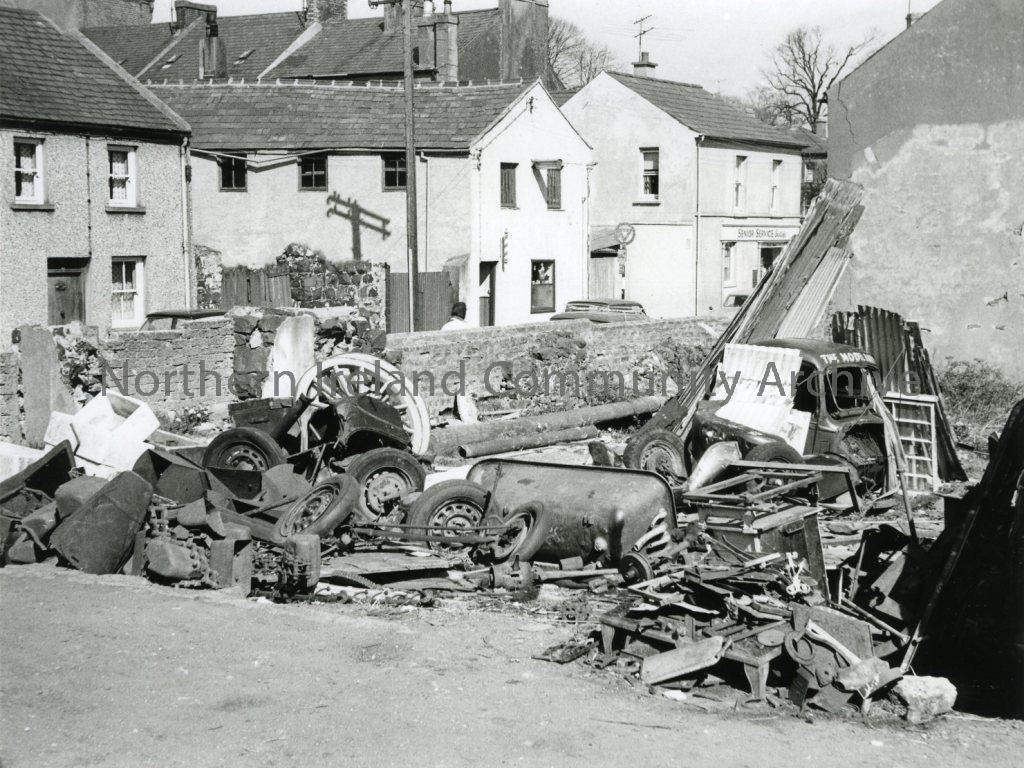 Black and white photograph of scrap yard, Mr Feleming, rear Mr Gillens, Killowen Street, Coleraine, 1957 (3114)