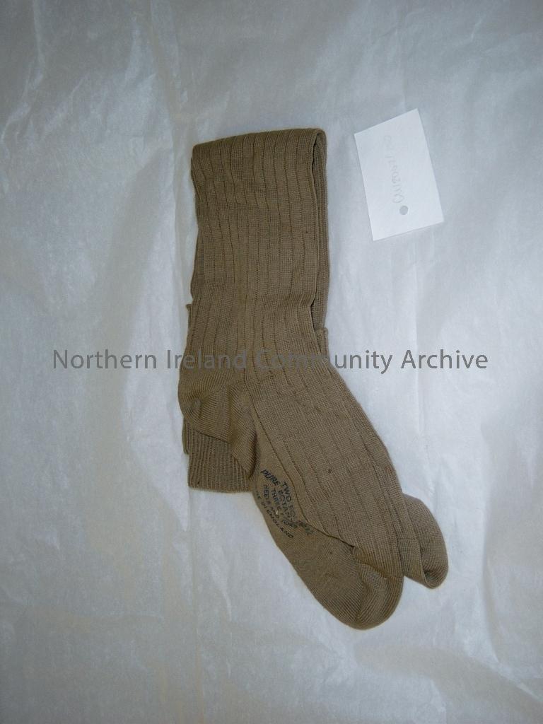 ww2 pair of khaki military socks marked on foot Two fold pure botany wool. Three fold heels and ties. Made in England. (5127)