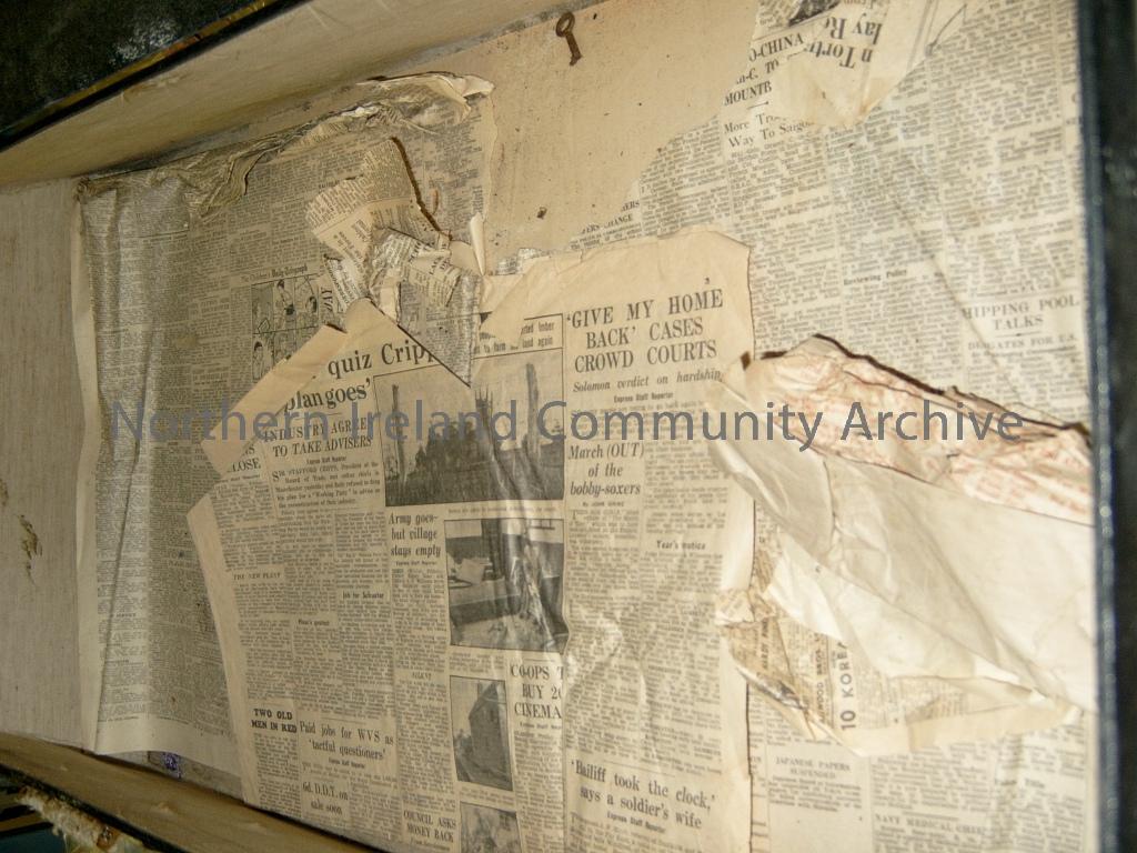 2 x sheets of newspaper used to wrap the contents of the chest originally. 1 x sheet from the Daily Express Sept. 29 1945. 1 x sheet Daily Telegraph and Morning post Sept 29 1945. (5420)