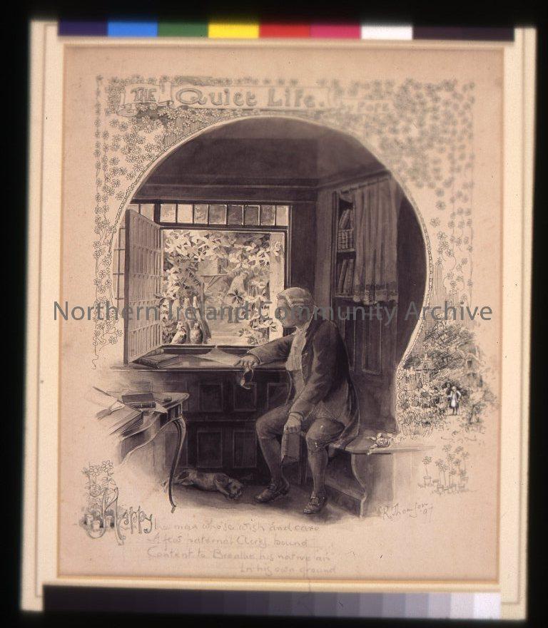 Pen and ink illustration (wash and line) in black and white by Richard Thomson, 1867, for The Quiet Life by Alexander Pope. features a judge seated on the left hand side of the painting surrounded by floral illustrations. signed R.thomson, 97. on the illu (2638)