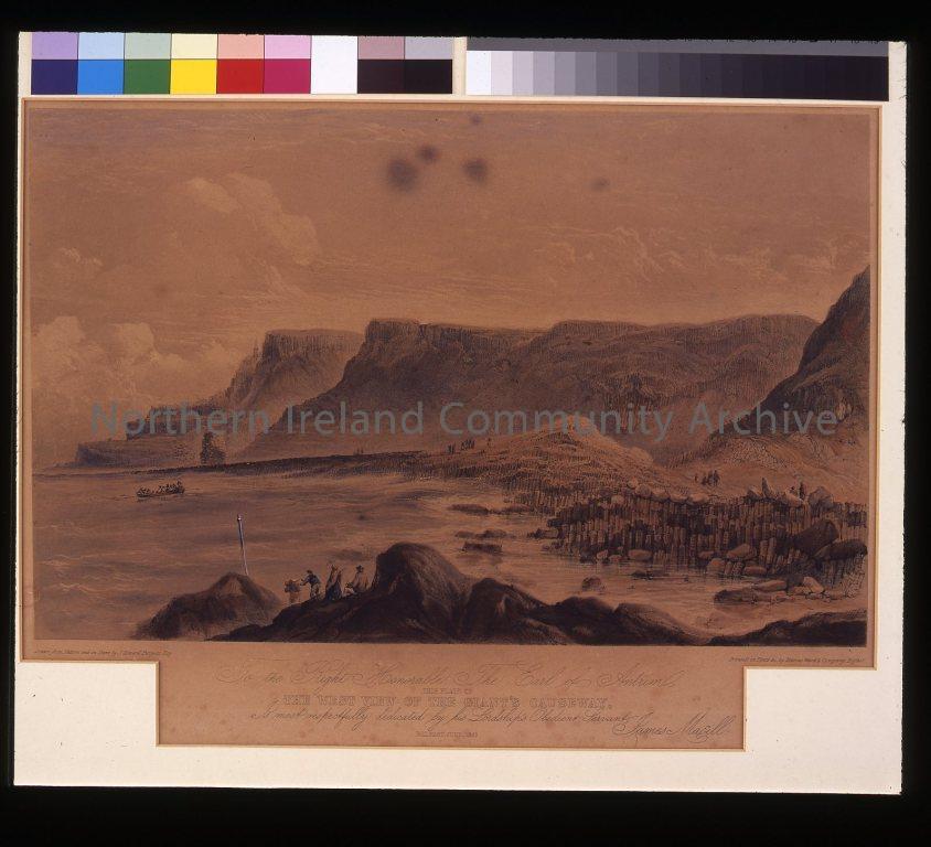 plate of The West View of the Giants Causeway by J Howard Burgess, To the Right Honourable The Earl of Antrim. Most respectfully dedicated by his Lordship’s Odedient Servant, James Magill printed in Tints Marcus Ward & Co. Belfast. Drawn from and on stone (2913)