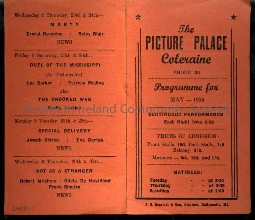Programme for The Picture Palace, Coleraine, May 1956. Details prices and times of matinees. Inside details names of shows for month of May (4738)