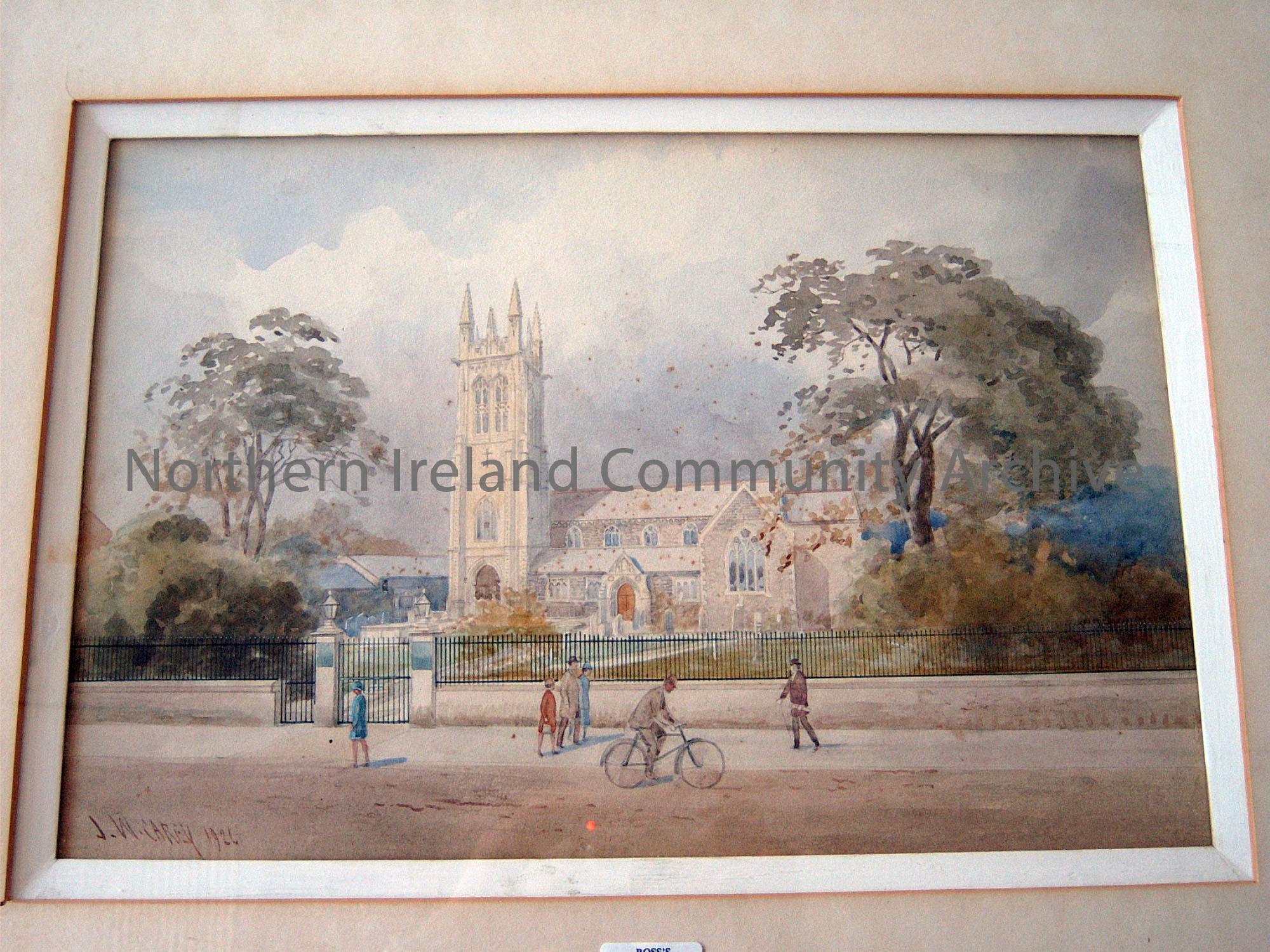 watercolour painting of St.Patricks Church, Coleraine by J W Carey. Features gate around the church with pedestrians on the street in front. (4152)