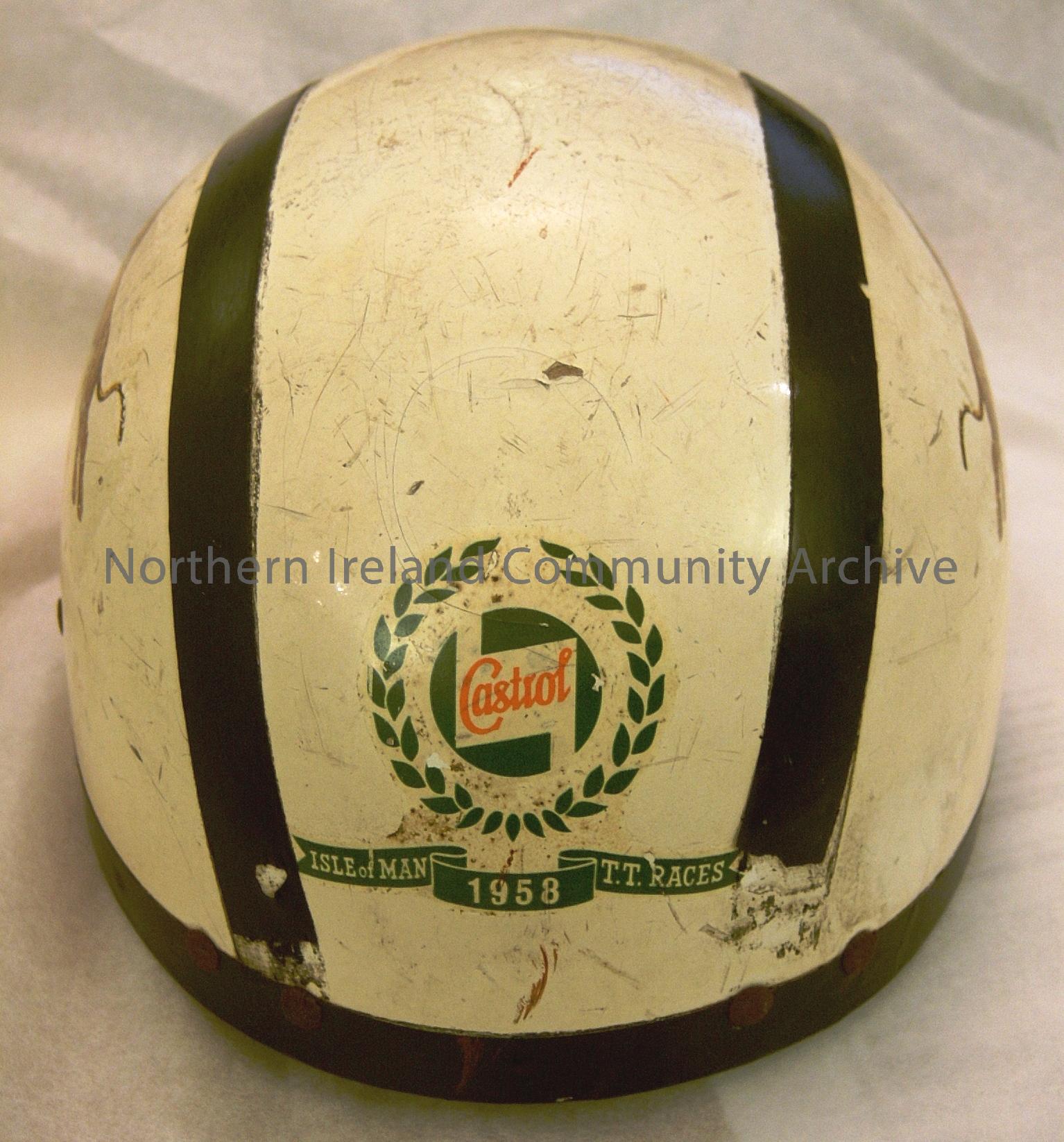 Isle of Man TT Races, 1958. White helmet with leather and material attachments inside. Labelled with BP Super Plus logo and Extra symbol of tiger (worn by the donor on motorcyles) (6679)