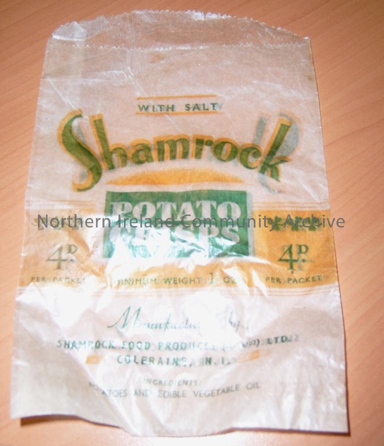 one of eight potato crisp packets of Shamrock Potato Crisps manufactured by Shamrock Food Products Ltd, Coleraine. Printed on packet 4D per packet. (3103)