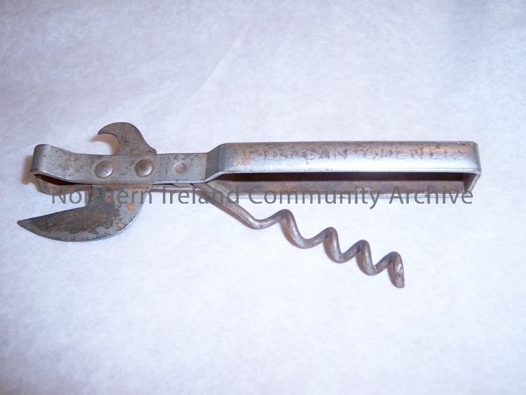 metal can opener with a bottle opener attached. inscribed Can Opener. Made by Henry Squire and sons Ltd, Willenhall, Staffs, England (from the donors mothers 1950s kitchen) (4745)