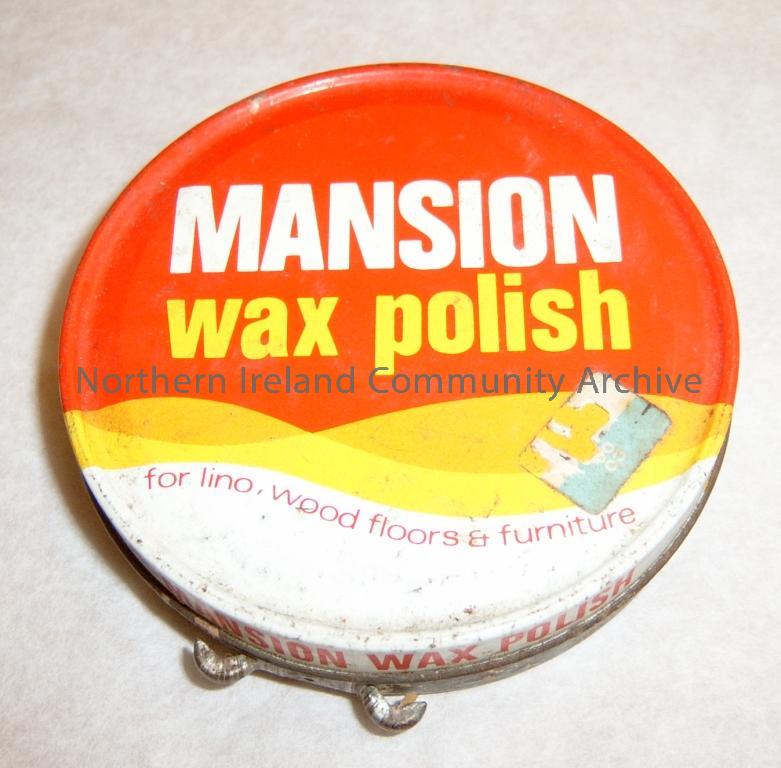 Mansion wax polish tin, for lino, wood, floors & furniture. Printed on back of the tin, Made in Britain, Reckitt & Colman Hull, Export Distributors, Reckitt & Colman (Overseas) Ltd (3079)