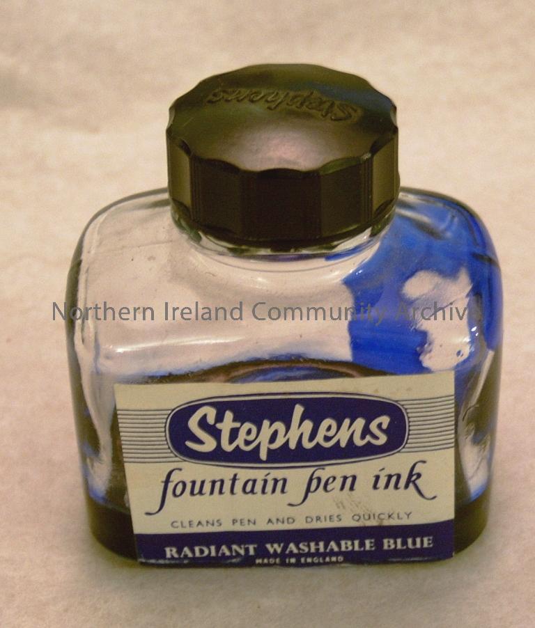 Stephens fountain pen ink bottle for radiant washable blue ink. Black plastic screw on lid with Stephens printed on included. (1888)