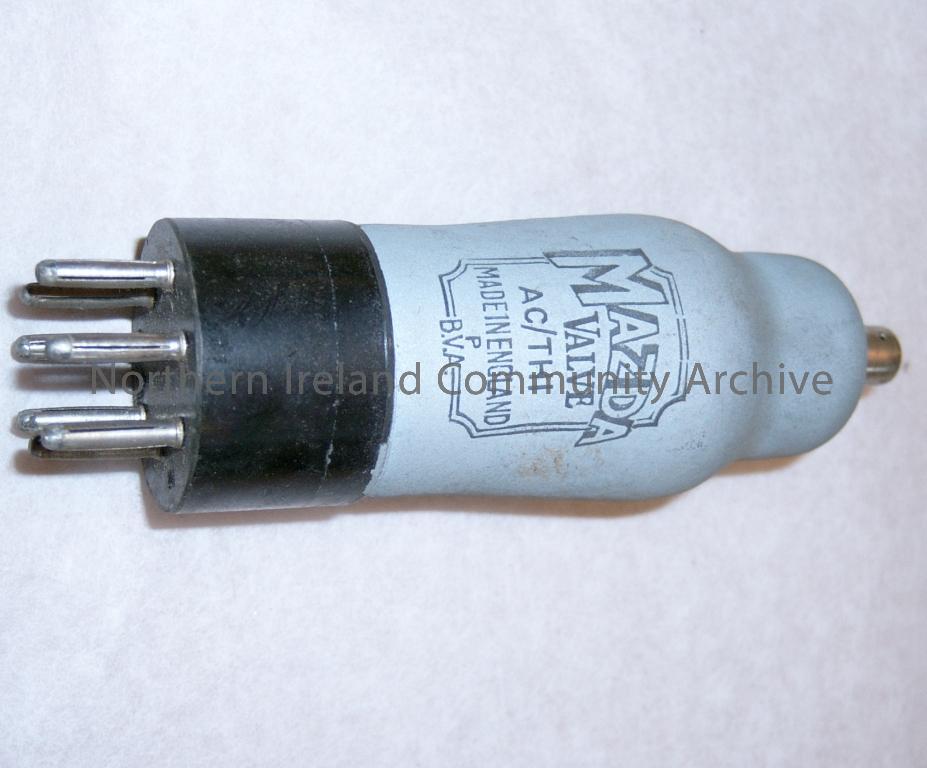 glass valve with silver painted coating. Printed on the front is Mazda valve, AC/THI, Made in England. P.BVA.Used for similar type of radio to CM/2007/532. (5722)