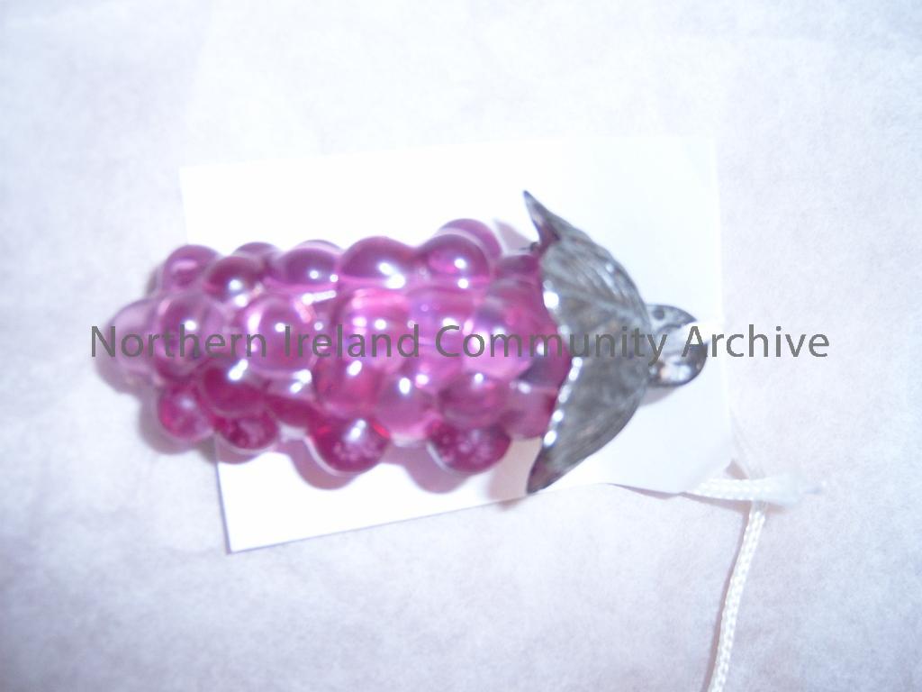 Christmas decoration. Purple plastic grapes with silver leaves, c 1950s/60s (3543)