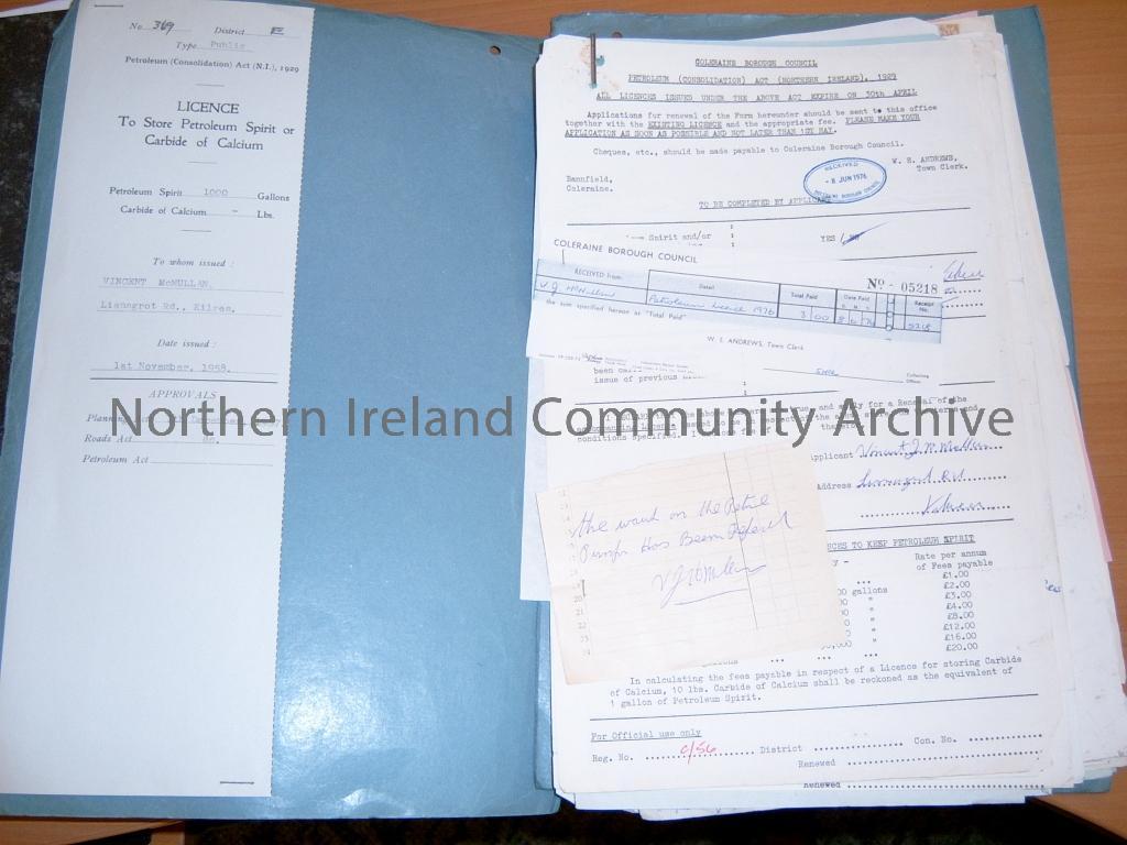 file of documents addressed to Vincent J McMullan, Lisnagroat Road, Kilrea. Contains documents re Petroleum and County Planning. Documents range from 1950’s to 1970s (6582)