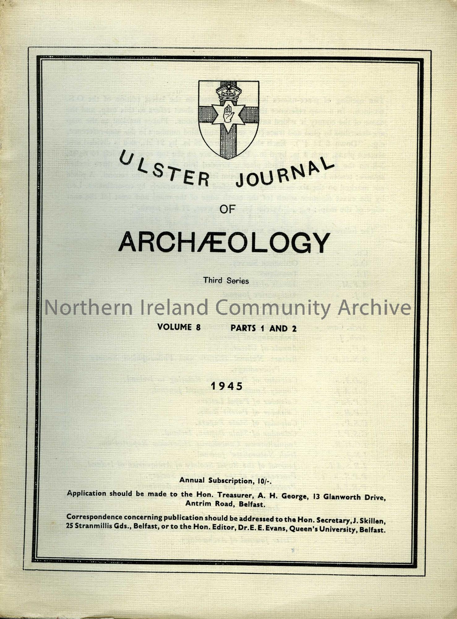 book titled, Ulster Journal of Archaeology. Third Series. Volume 8, parts 1 and 2. 1945 (5592)