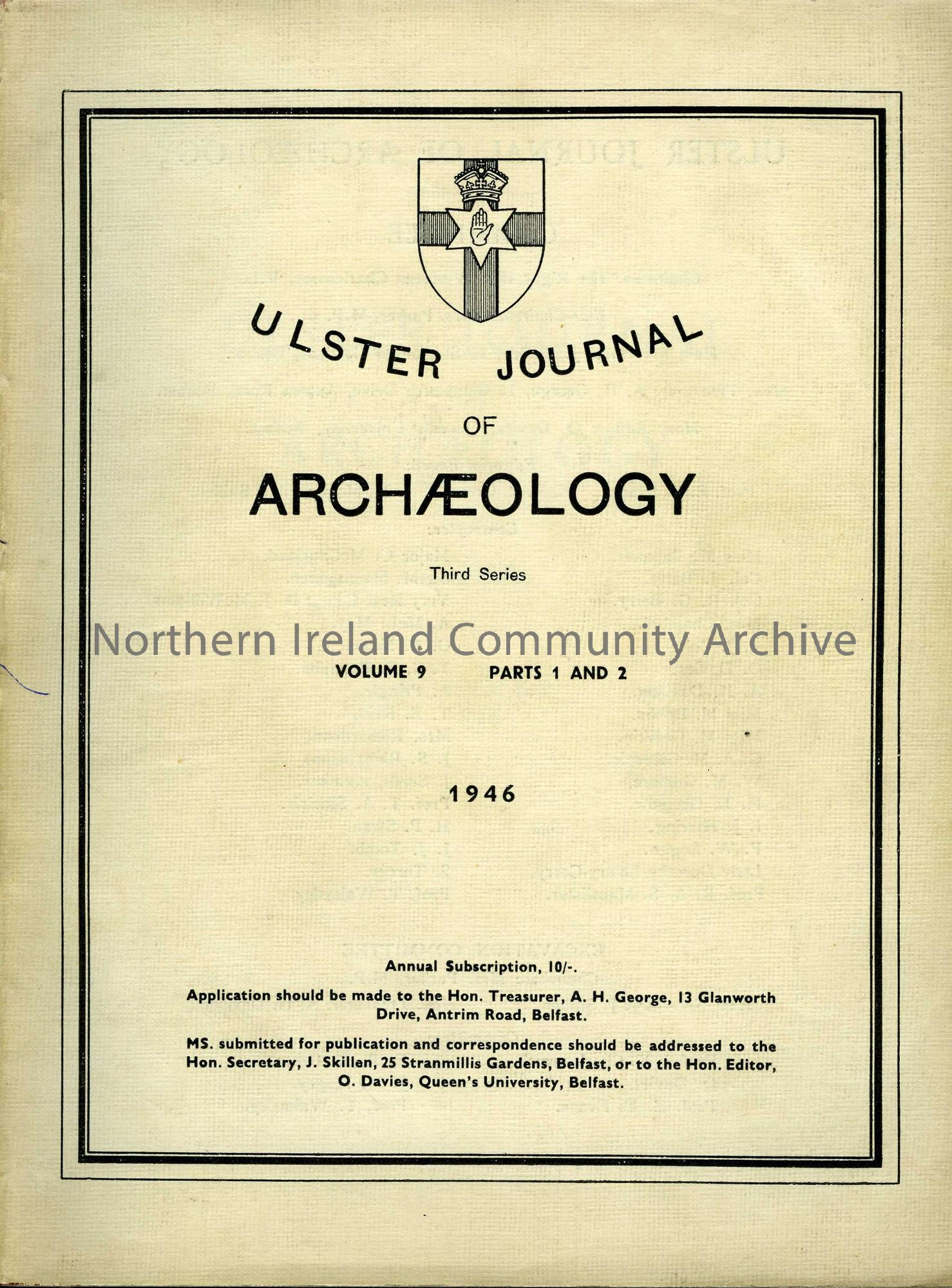 book titled, Ulster Journal of Archaeology. Third Series Volume 9, parts 1 and 2 (2889)