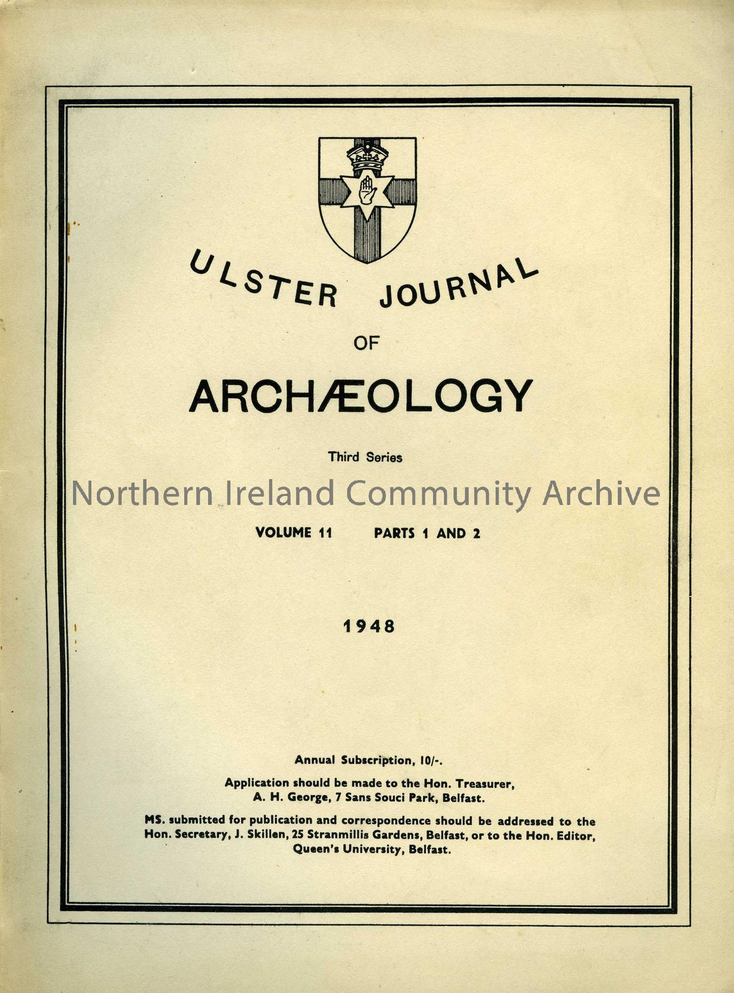 book titled, Ulster Journal of Archaeology. Third Series. Volume 11, parts 1 and 2. 1948 (4313)