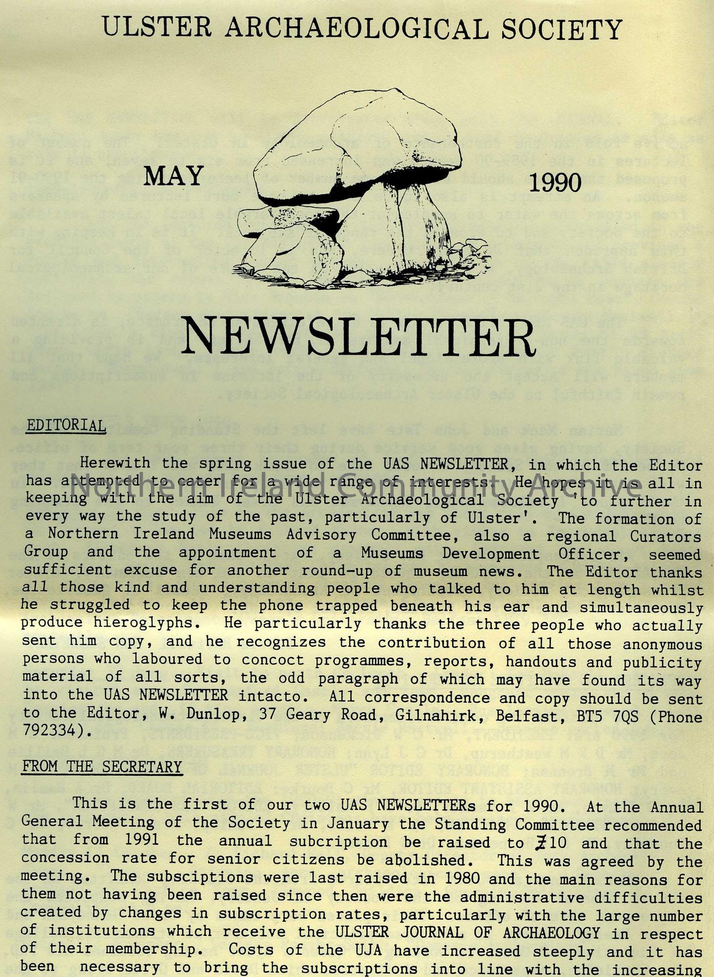Newsletter titled, ‘Ulster Archaeology Society, May 1990, Newsletter’  (4390)