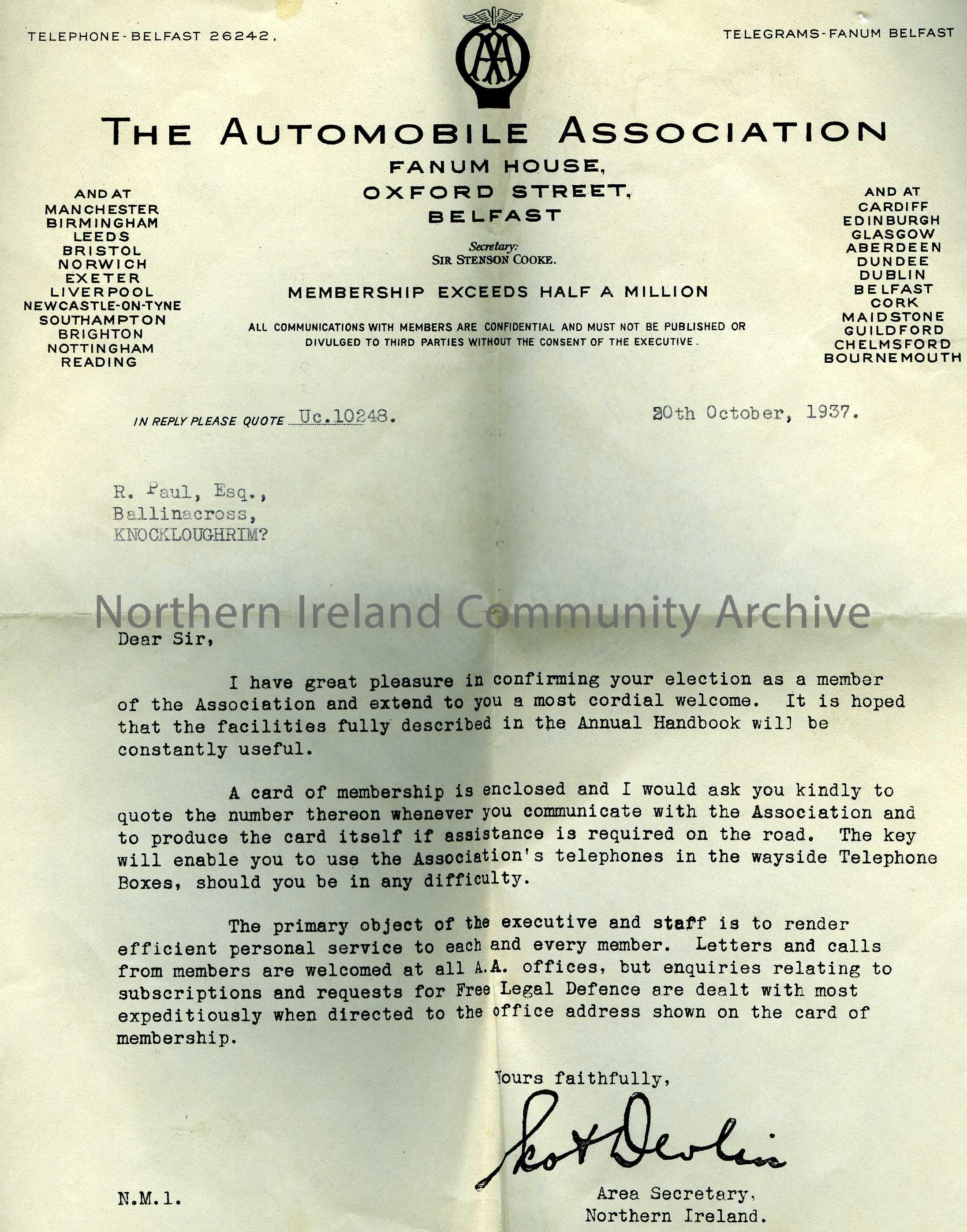 letter titled, The Automobile Association (3345)