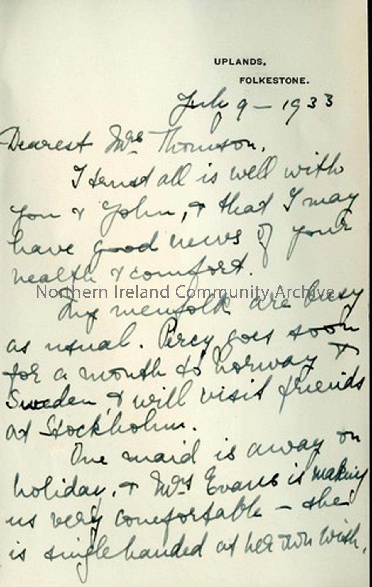 Letter from Mrs Spielmann to Mrs Thomson  (3279)