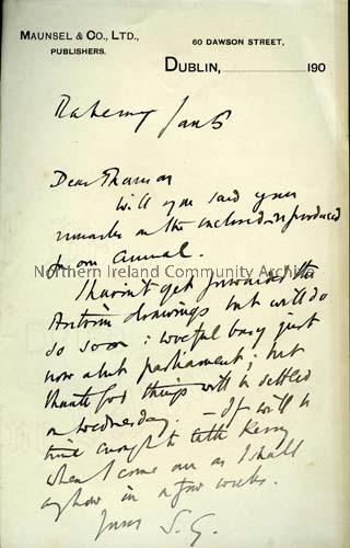 Letter from Stephen Gwynn to Hugh Thomson, Dublin.  (1900)