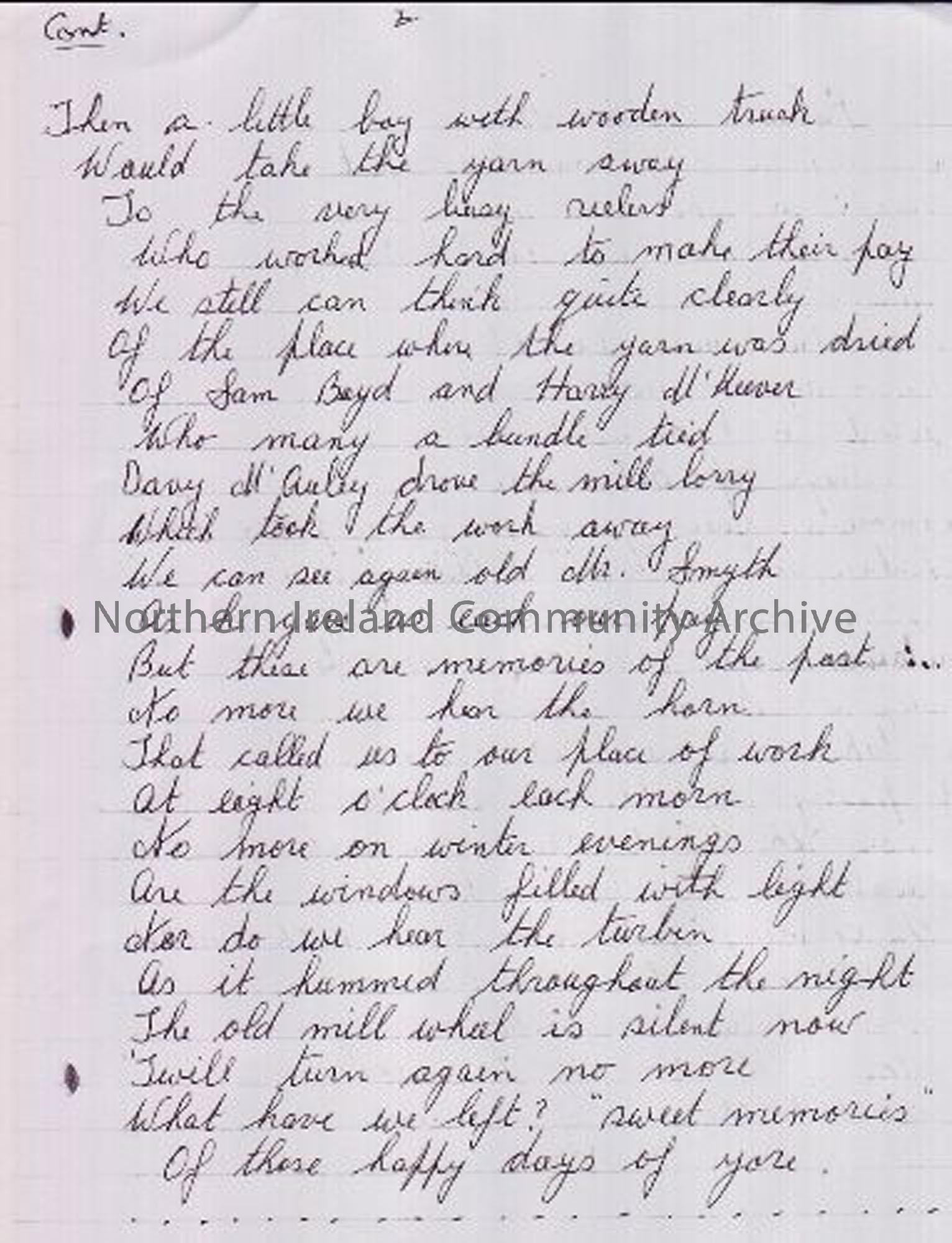 ‘The Old Spinning Mill’ (page 2) written by Miss Isobel Steele after the closure of Balnamore Mill February 1959 (5156)