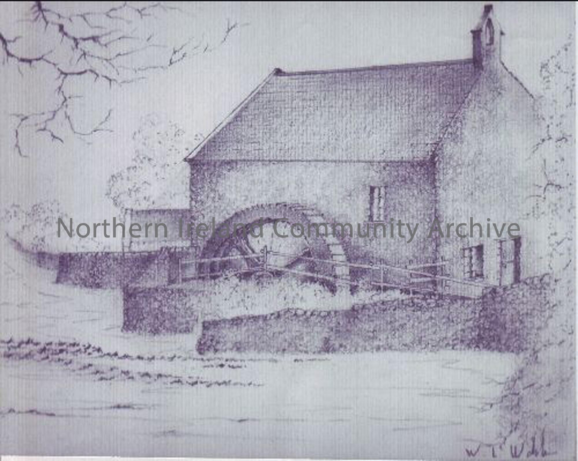 Dervock, pencil drawing of McAllister’s Mill by Larry Walsh (1082)