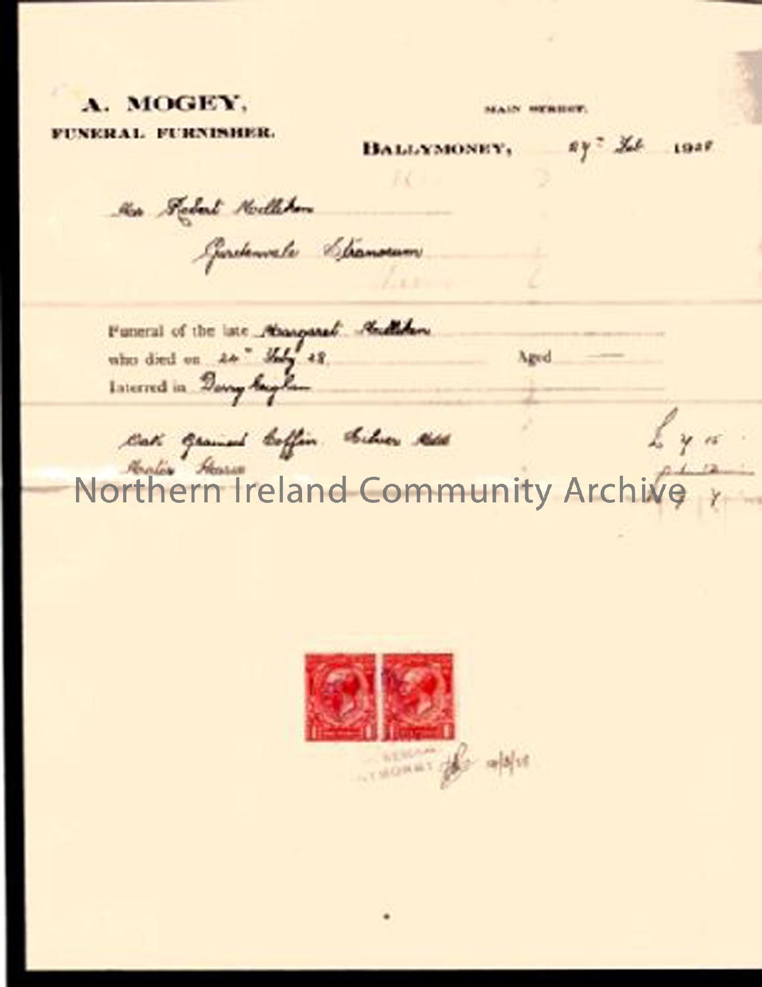 Funeral receipt from A. Mogey, Funeral Director, Ballymoney, to Robert Milliken for the funeral of Margaret Milliken, 1928 (1064)