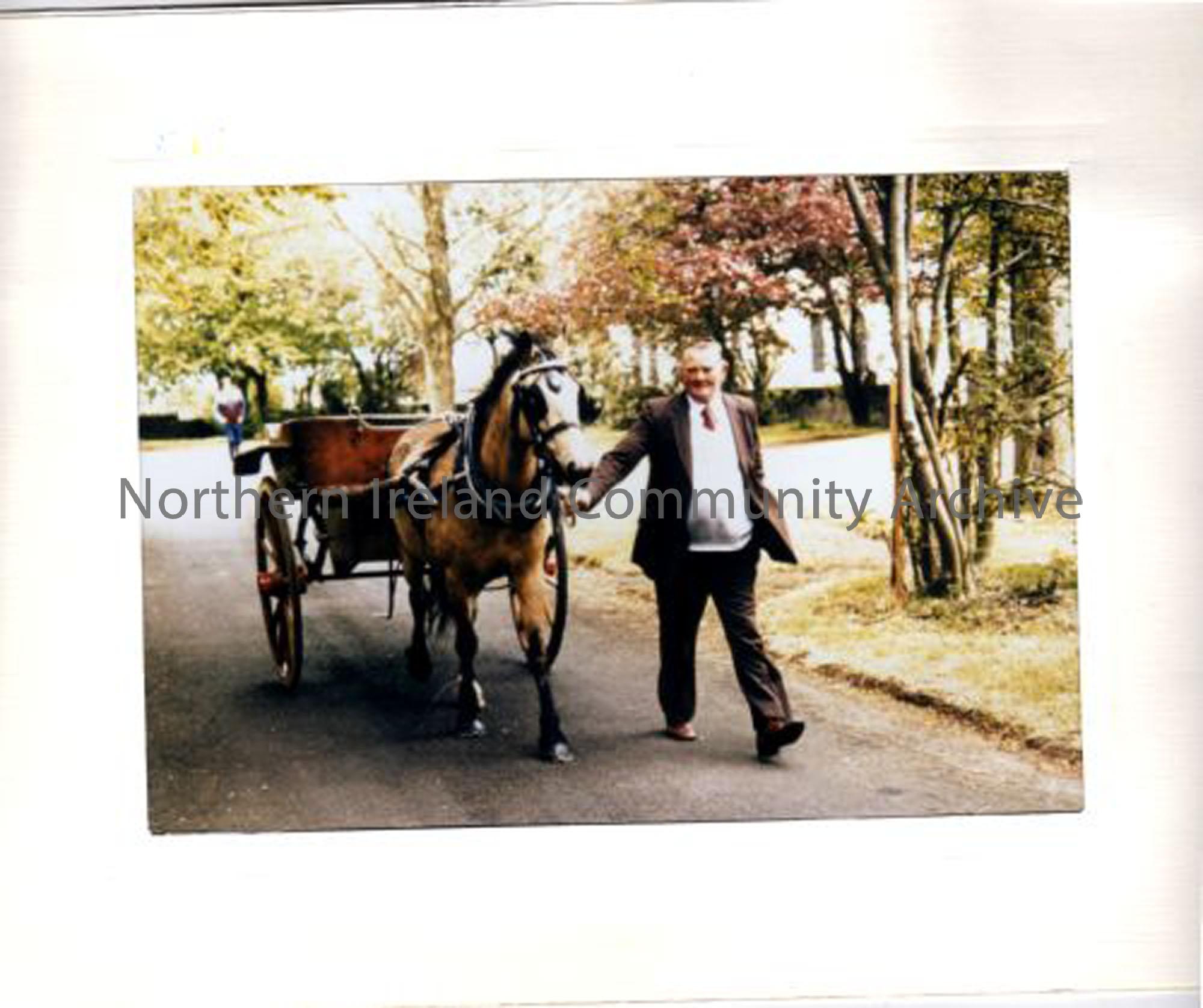Johnny McKinney, lifelong postman in Dervock, walking a pony and trap down the Church of Ireland Rectory driveway. Purpose being for giving rides to children during Dervock Civic Week. (3222)