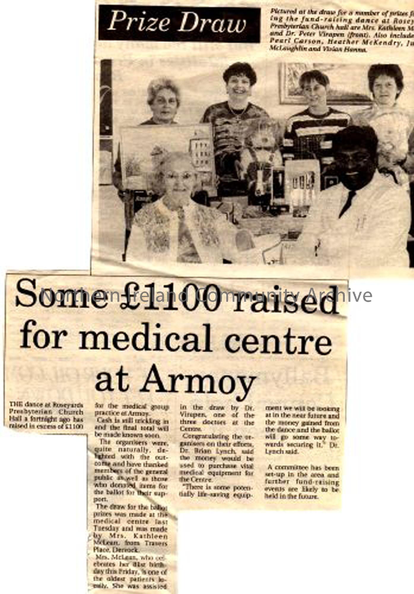 Newspaper clipping about money raised for medical centre, Armoy (5662)