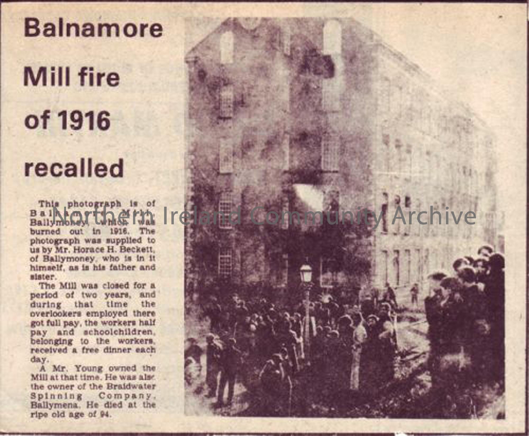Newspaper clipping recalling the Balnamore Mill fire of 1916 (1484)