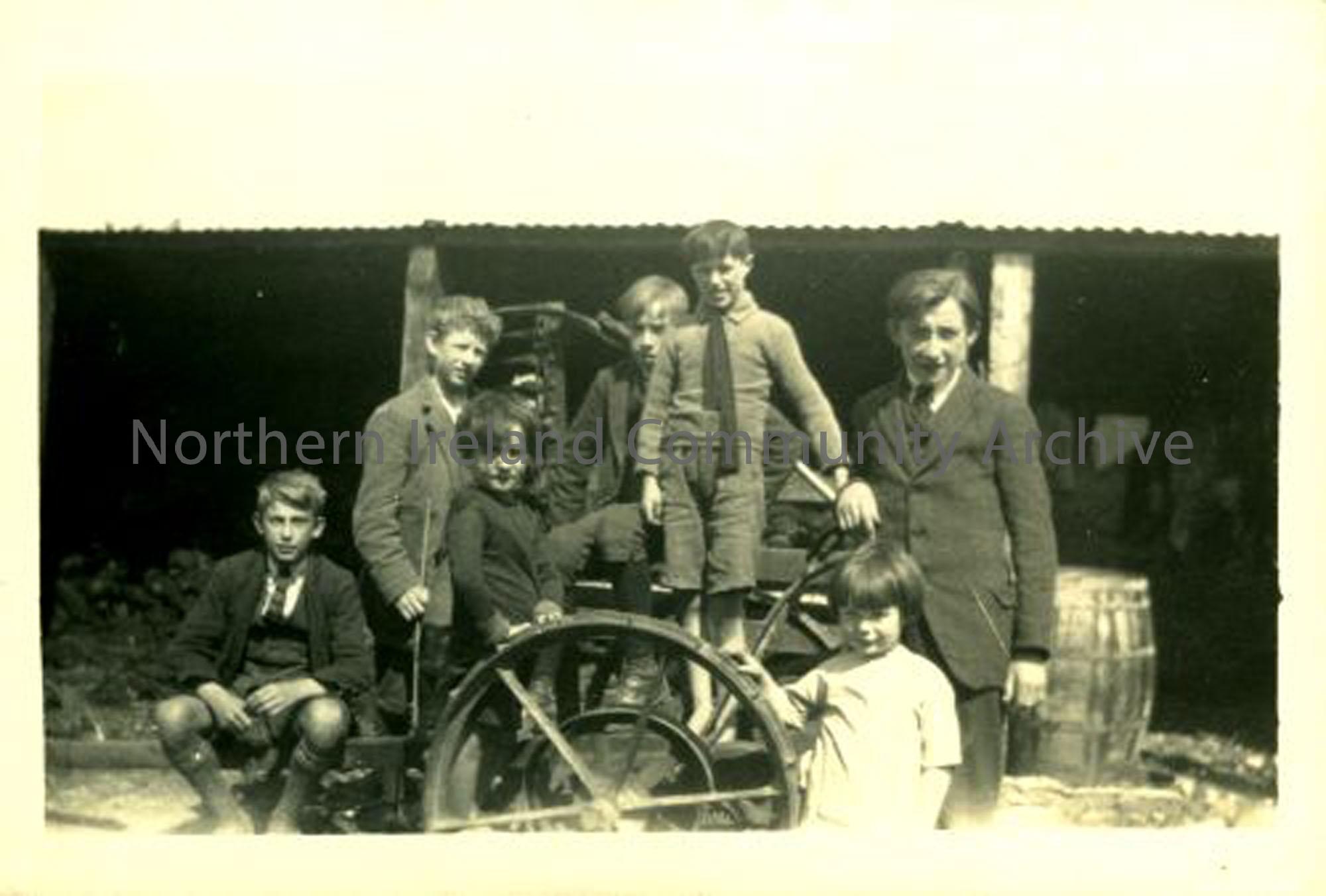 Children from Castle Street, Ballymoney, in McErlain’s yard. The McErlains were rabbit and poultry dealers whose house and business stood where the Castle Community Association building is now. (3675)