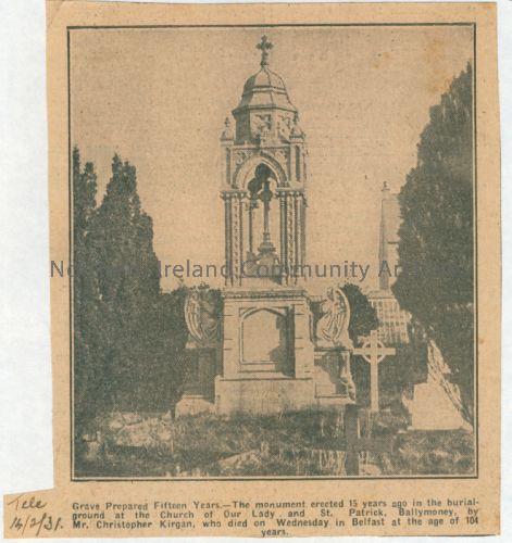 Newspaper cutting of the Kirgan Monument, Church of Our Lady and St Patrick (5444)