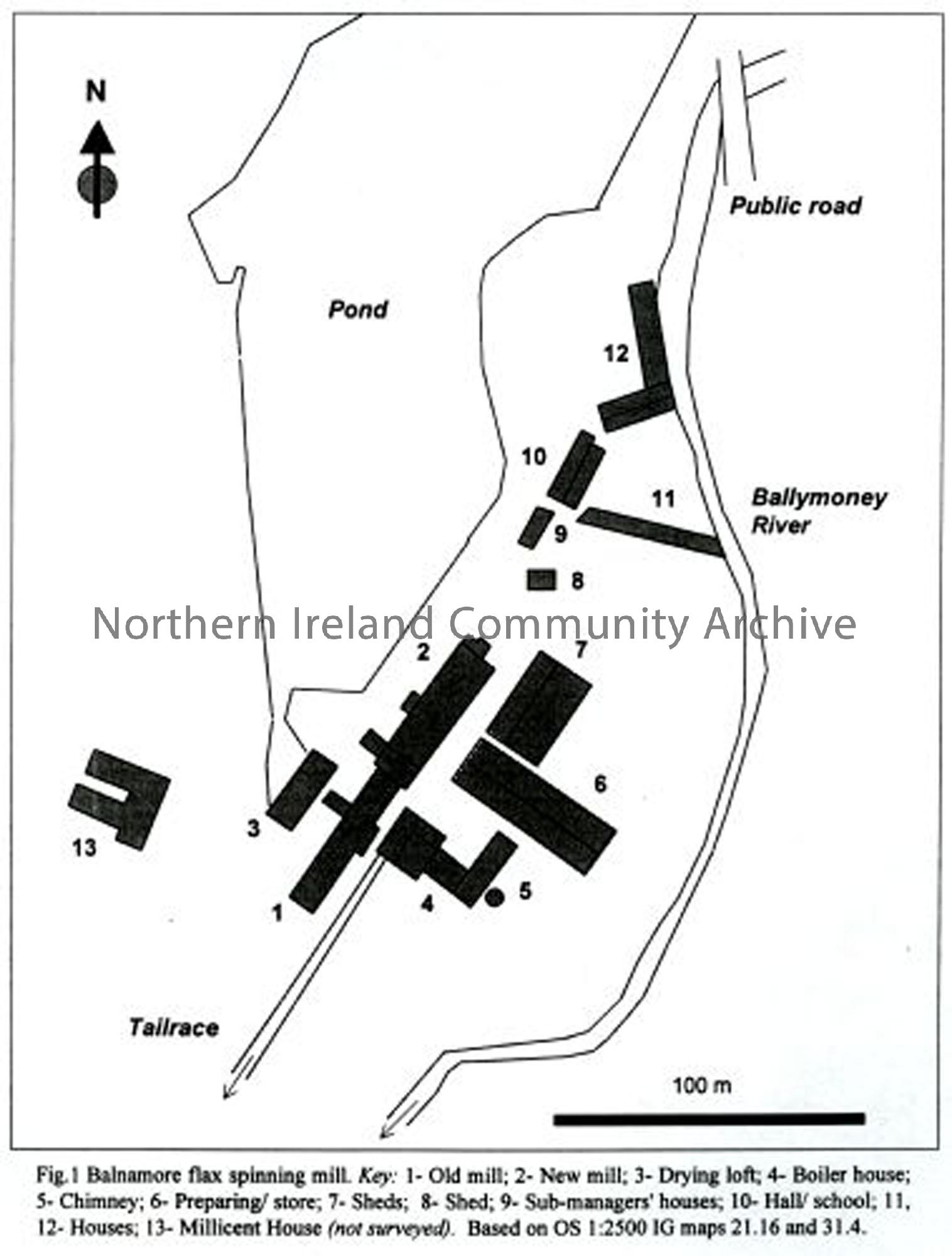 Plan of the remaining buildings at Balnamore Mill surveyed by Fred Hammond. The last of the mill houses were knocked down shortly afterwards. (2777)