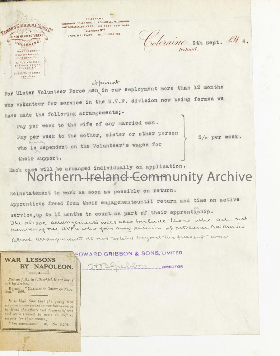 Gribbon Factory Letter to Workers