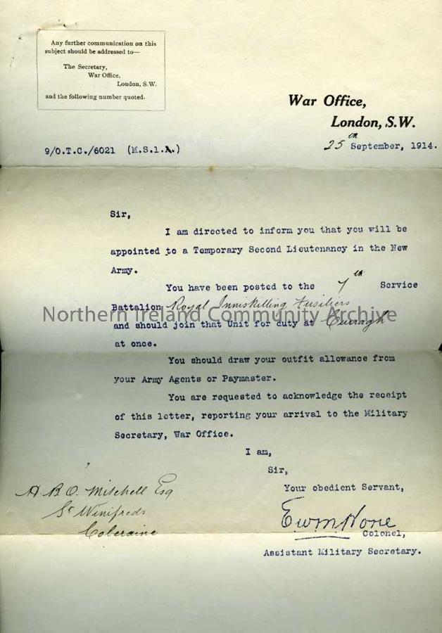 2nd Lieutenant H.B.O. Mitchell Appointment Papers