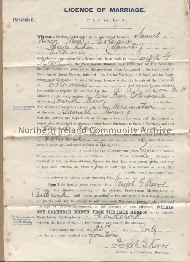 Sam Henry’s Marriage License