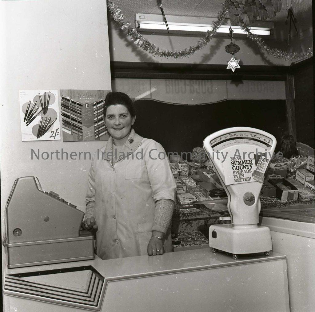 Portrush Grocery Shop, Blair, Dec 1965 – Lady behind counter