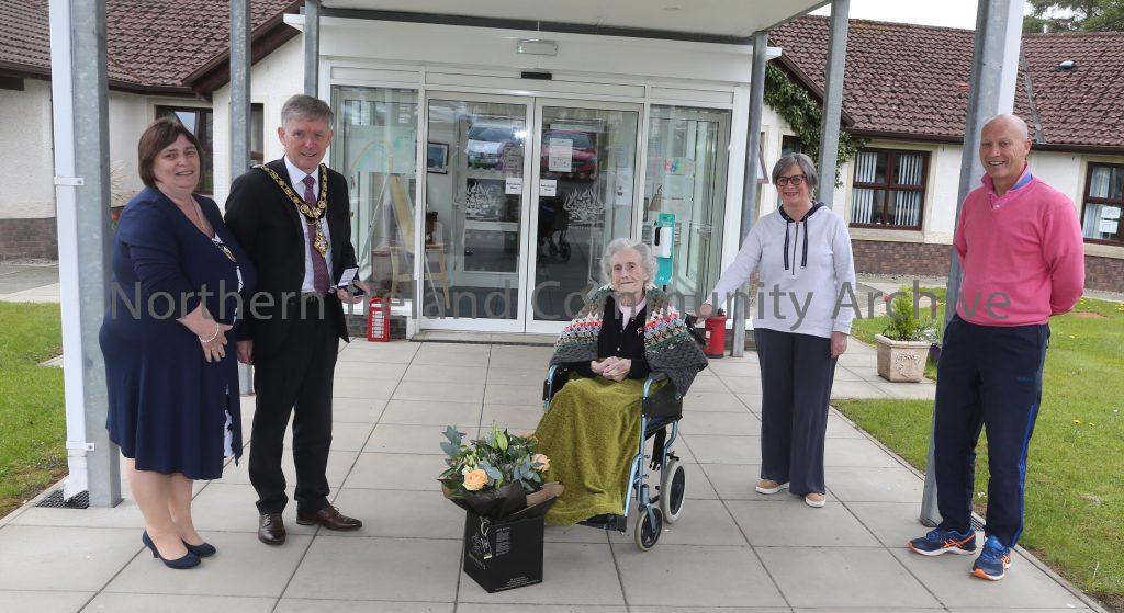 Centenarians receive commemorative coin from Mayor of Causeway Coast and Glens Borough Council – Christina McMullan (1)