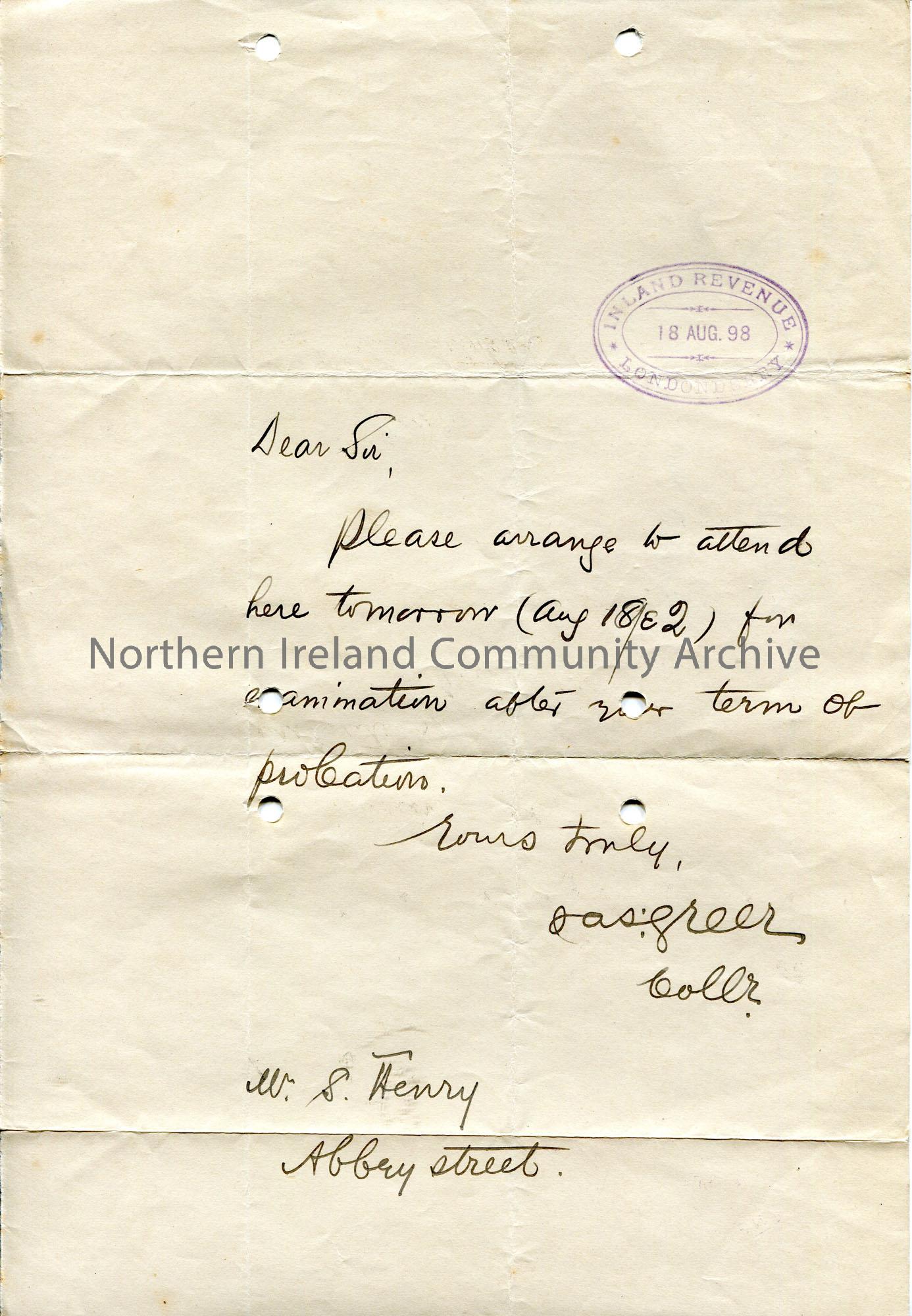 Handwritten letter to Sam Henry at Abbey Street [Coleraine]. Sam to ...