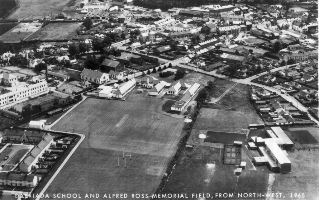 Aerial photograph of Dalriada School and the Alfred Ross Memorial Sport's Field in 1965