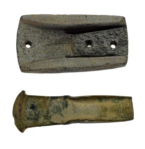 One half of a dolerite mould for casting a bronze palstave from Corrstown, (Coleraine Museum collection) and a Middle Bronze Age bronze palstave found in the River Bann, now in a private collection.