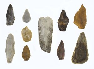 Ten Late Mesolithic flints from Ballymoney Museum.