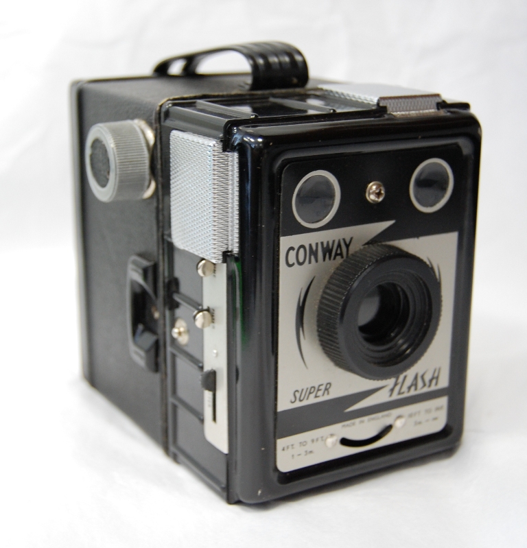 Conway Box camera (rare model) with flash sockets in brown case. Bought in Ballymena about 1949/