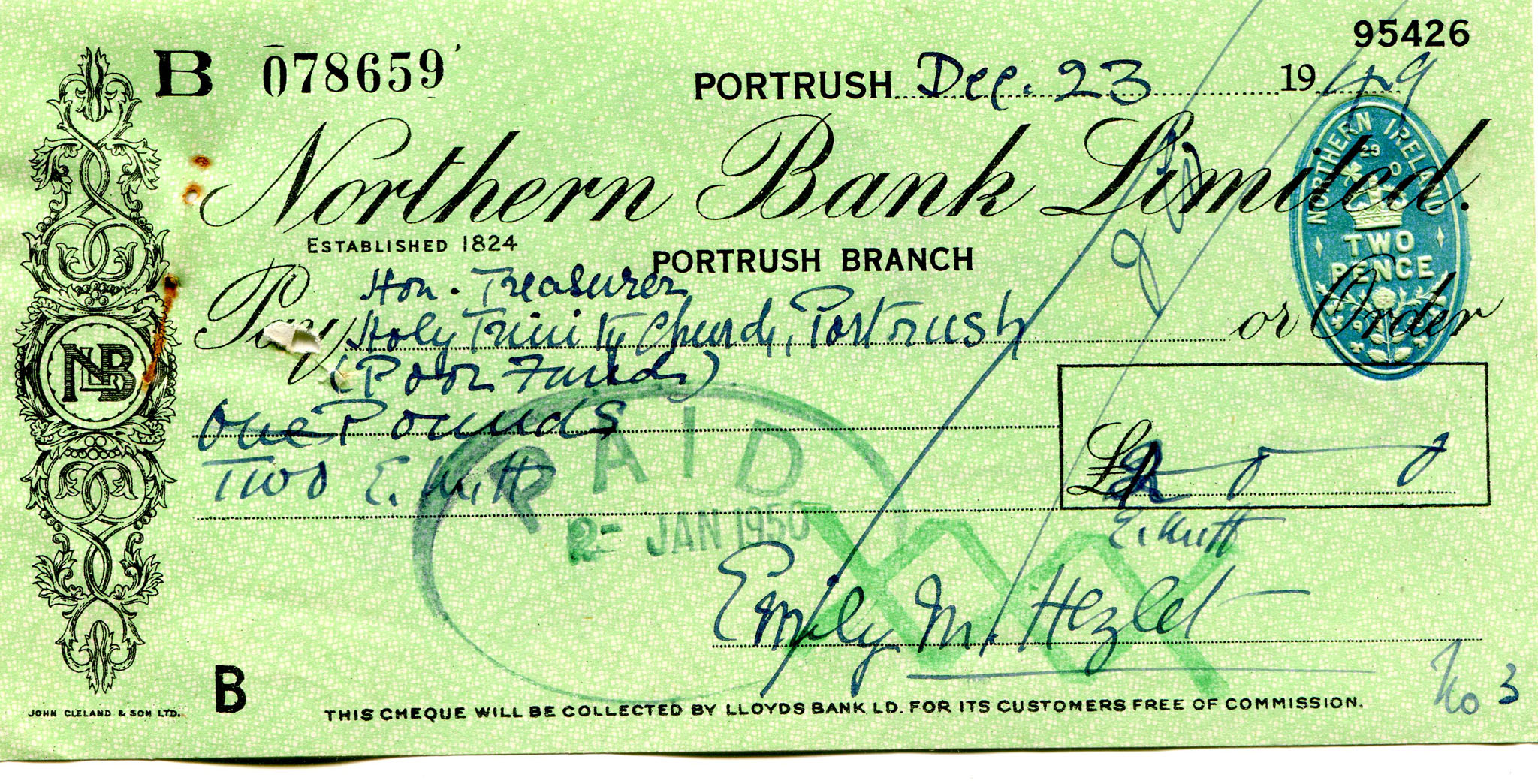 Handwritten cheque payable to Hon. Treasurer, Holy Trinity Church ...