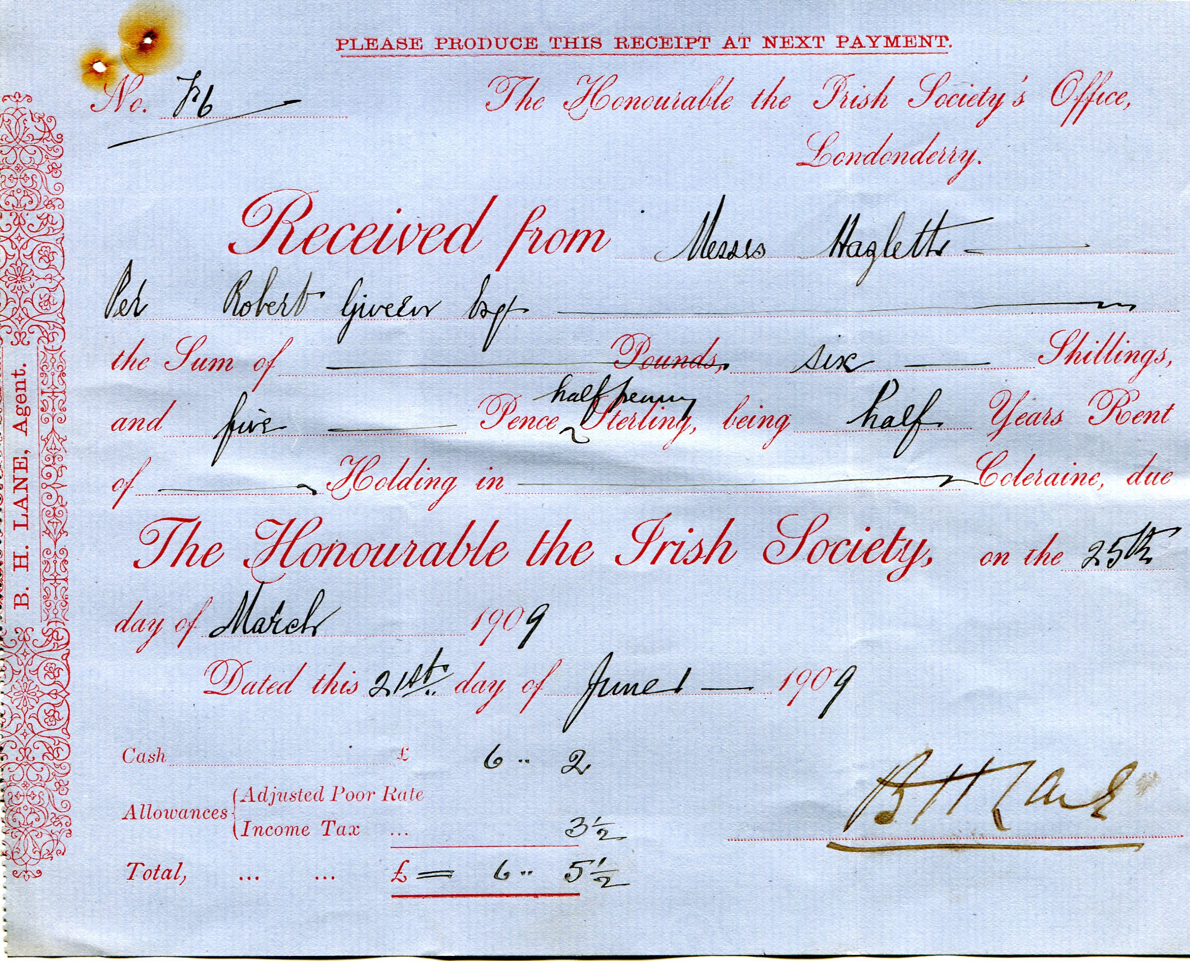 Handwritten receipt (on blue paper). Payment of £0.6.5 1/2 to The ...