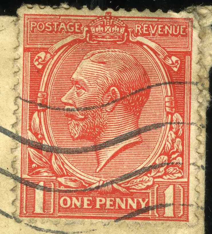 red 1d postage stamp with King George V’s head and lines of PO stamp ...